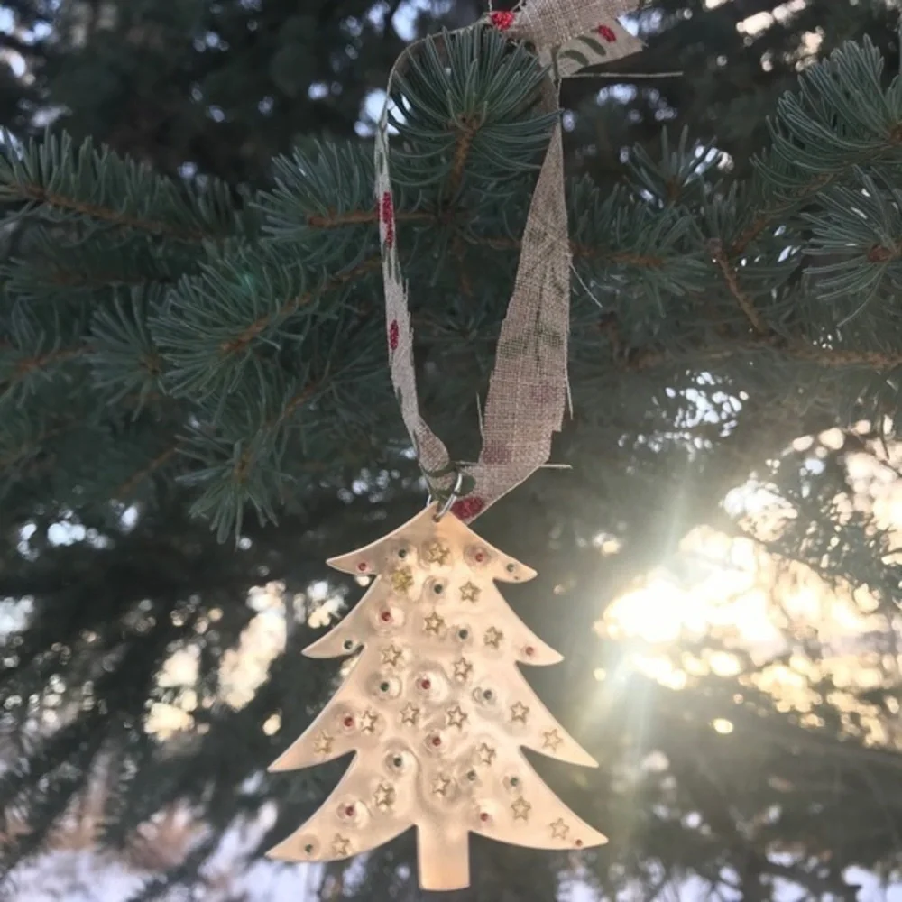 Handmade stamped gold tone brass tree holiday a Christmas‎ ornament